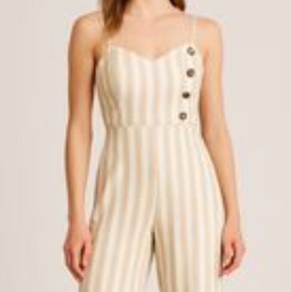 Japna Pants - Japna Beige Striped Jumpsuit with Button Accents